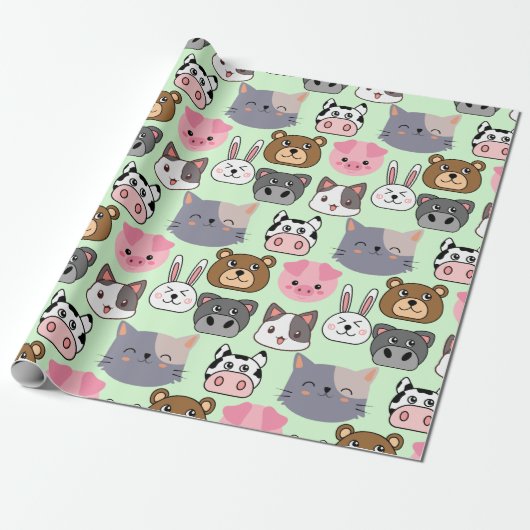 cartoon koppen patroon.w Lgreen BG Cadeaupapier (Uitgerold)