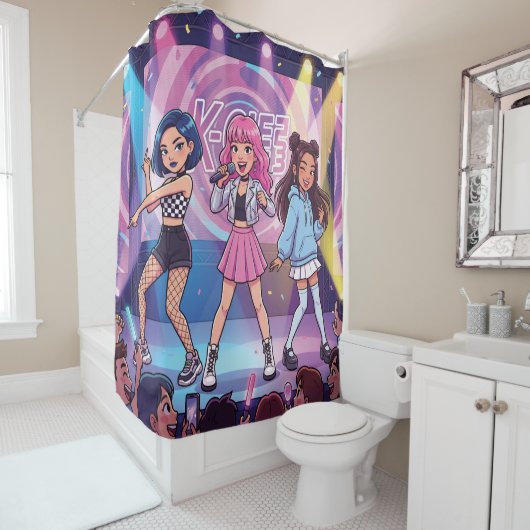 Cartoon KPop Meidengroep Douchegordijn (In situ)