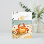Cartoon Krab op het strand met boot op de achtergr Briefkaart (Staand voorkant)