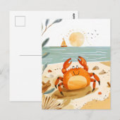 Cartoon Krab op het strand met boot op de achtergr Briefkaart (Voorkant / Achterkant)
