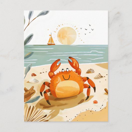 Cartoon Krab op het strand met boot op de achtergr Briefkaart (Voorkant)