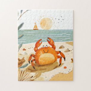 Cartoon Krab op het strand met boot op de achtergr Legpuzzel