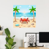 Cartoon Krab, Palmbomen en Schelpen Poster (Thuiskantoor)