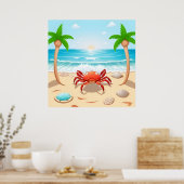 Cartoon Krab, Palmbomen en Schelpen Poster (Keuken)