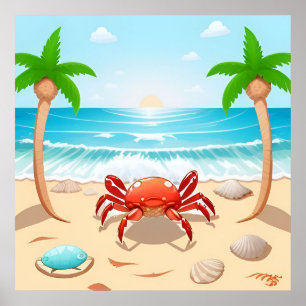 Cartoon Krab, Palmbomen en Schelpen Poster