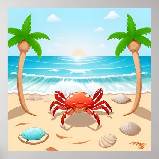 Cartoon Krab, Palmbomen en Schelpen Poster (Voorkant)