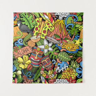 Cartoon krabbels Hawaii naadloos patroon. Achtergr Wandkleed