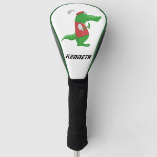 Cartoon krokodil die golf speelt met een rood pet. golfheadcover