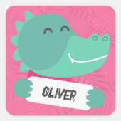 Cartoon Krokodil mit Namensschild - pink Vierkante Sticker (Voorkant)