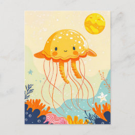 Cartoon kwal drijvend door koraalrif briefkaart