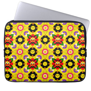 Cartoon Lachende Bloemen en Bijen Laptop Sleeve