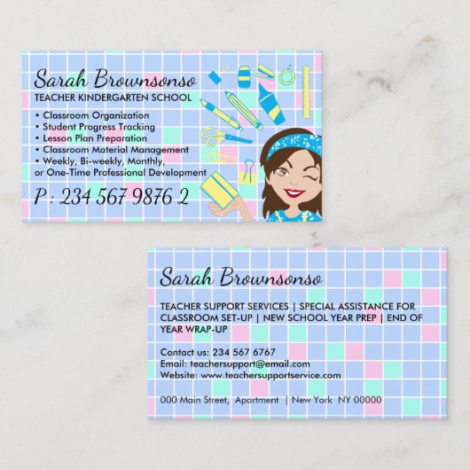 Cartoon Lady Teacher School benodigdheden Visitekaartje (Voorkant / Achterkant)
