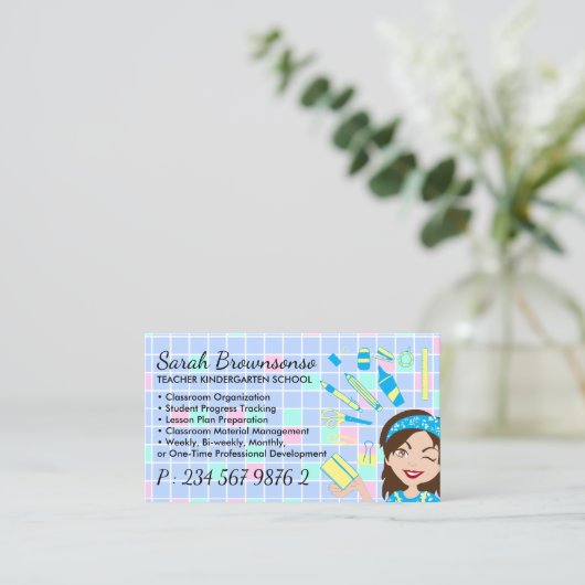 Cartoon Lady Teacher School benodigdheden Visitekaartje (Staand voorkant)