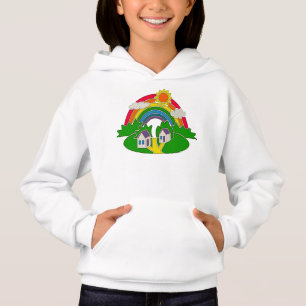 Cartoon landelijk tafereel met regenboog en landhu