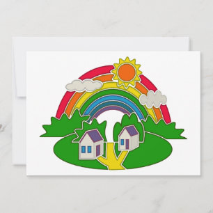 Cartoon landelijk tafereel met regenboog en landhu bedankkaart