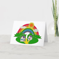 Cartoon landelijk tafereel met regenboog en landhu