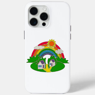 Cartoon landelijk tafereel met regenboog en landhu iPhone 15 pro max hoesje