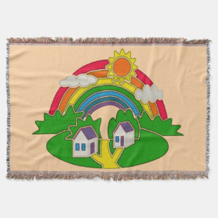 Cartoon landelijk tafereel met regenboog en landhu deken