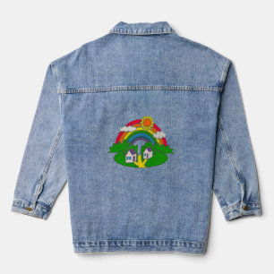 Cartoon landelijk tafereel met regenboog en landhu denim jacket