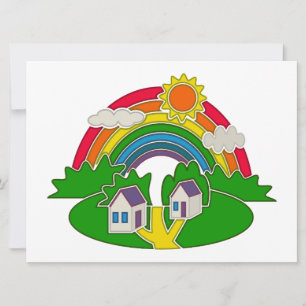 Cartoon landelijk tafereel met regenboog en landhu feestdagenkaart