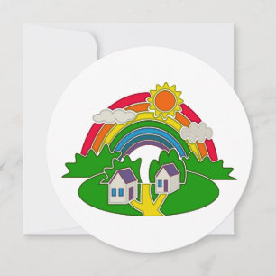 Cartoon landelijk tafereel met regenboog en landhu feestdagenkaart