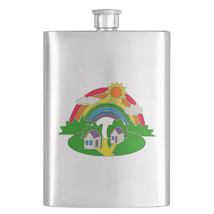Cartoon landelijk tafereel met regenboog en landhu flacon