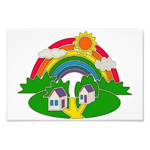 Cartoon landelijk tafereel met regenboog en landhu foto afdruk