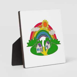Cartoon landelijk tafereel met regenboog en landhu fotoplaat