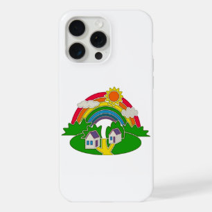 Cartoon landelijk tafereel met regenboog en landhu iPhone 15 pro max case
