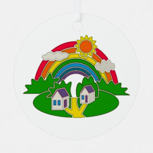 Cartoon landelijk tafereel met regenboog en landhu metalen ornament