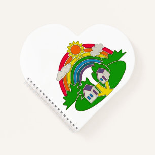 Cartoon landelijk tafereel met regenboog en landhu notitieboek