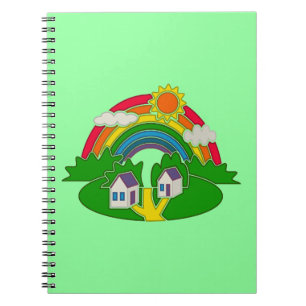 Cartoon landelijk tafereel met regenboog en landhu notitieboek