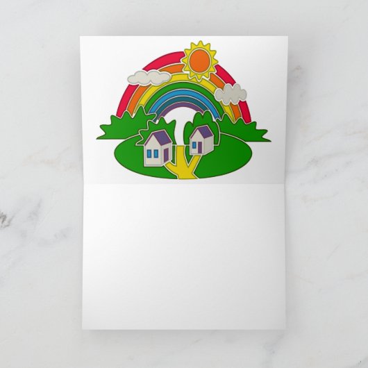 Cartoon landelijk tafereel met regenboog en landhu programma (Binnen)