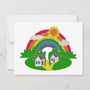 Cartoon landelijk tafereel met regenboog en landhu RSVP kaartje
