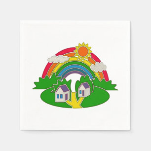 Cartoon landelijk tafereel met regenboog en landhu servet