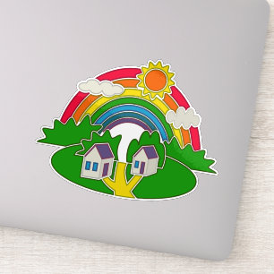 Cartoon landelijk tafereel met regenboog en landhu sticker