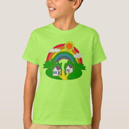 Cartoon landelijk tafereel met regenboog en landhu t-shirt