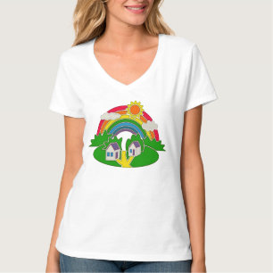 Cartoon landelijk tafereel met regenboog en landhu t-shirt