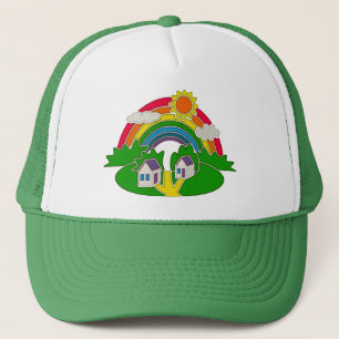 Cartoon landelijk tafereel met regenboog en landhu trucker pet