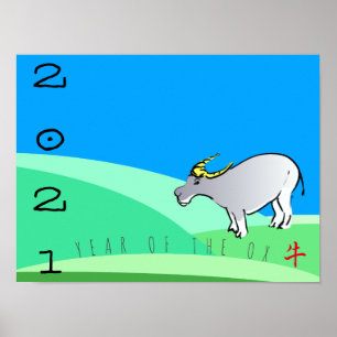Cartoon Landschap Ox Chinees nieuwjaar 2021 HorP Poster
