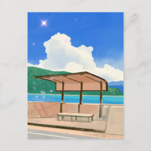 Cartoon landschap zomerblauw hemelstrand briefkaart