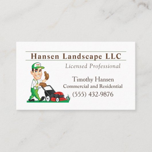 Cartoon Lawn Mowing Guy Landscaping Yard Service Visitekaartje (Voorkant)