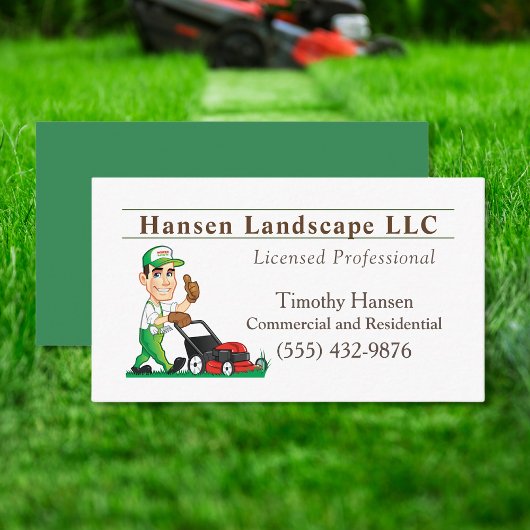 Cartoon Lawn Mowing Guy Landscaping Yard Service Visitekaartje