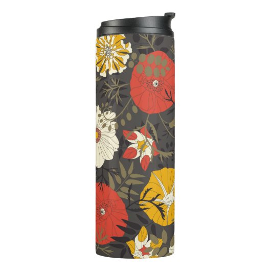 cartoon leaves and flowers on a dark background in thermosbeker (Gedraaid links)