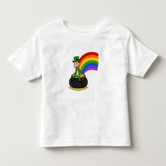 Cartoon leprechaun zit op een goudpot kinder shirts (Voorkant)
