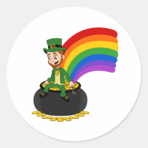 Cartoon leprechaun zit op een goudpot ronde sticker