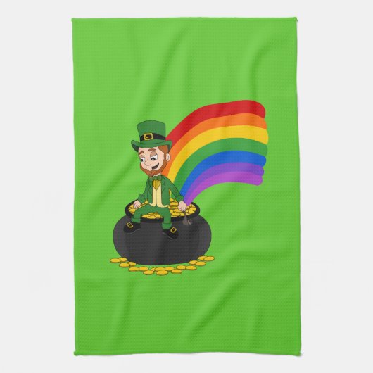 Cartoon leprechaun zit op een goudpot theedoek (Verticaal)