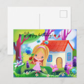 Cartoon leuk meisje en sprookjesachtig huis briefkaart (Voorkant / Achterkant)