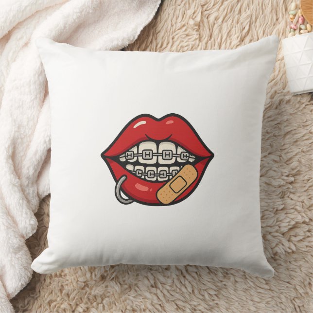 Cartoon Lips Sticker met Braces & Piercing Kussen (Deken)