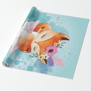 Cartoon Little Fox Lovely Fox Floral Cadeaupapier